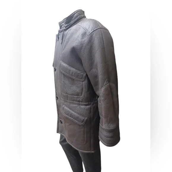 Zaklady Futrzarskie Vintage  Gray Leather Sherpa Lined Coat Size 52 - Picture 4 of 14